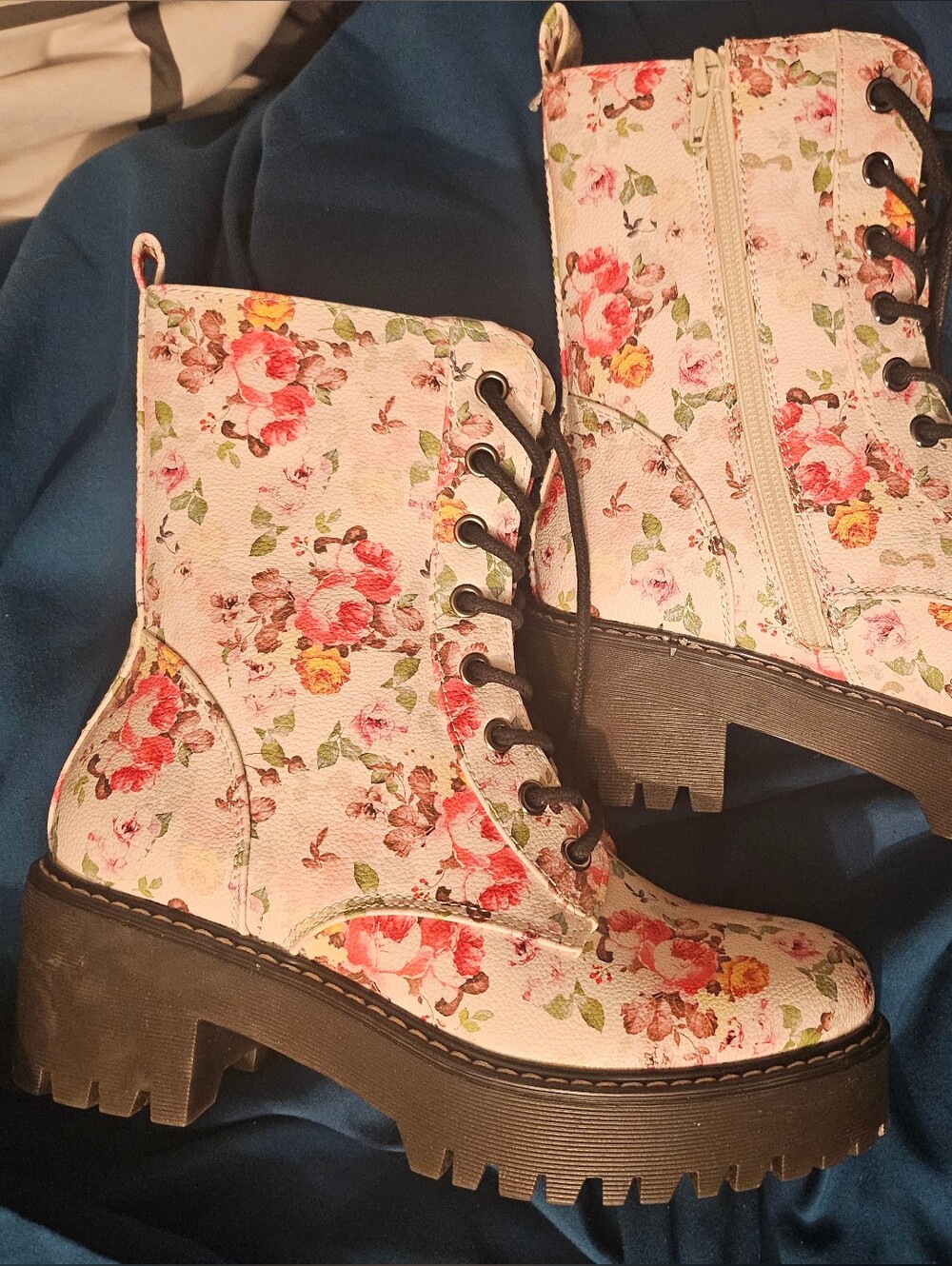 Floral Lace-Up Combat Boots - UNION BAY LADIES BOOTS SZ 6M FLORAL/PINK ROSÉ